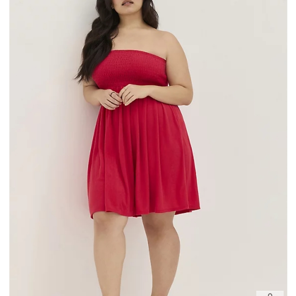 TORRID SMOCKED STRAPLESS COVER-UP DRESS - TERRY WASH PINK